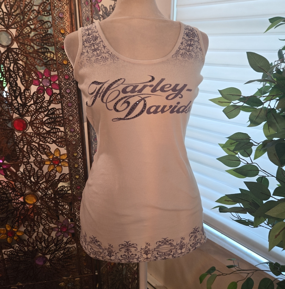 Harley Davidson Angel Wings Cotton Graphic Ribbed White Blue Tank Top Small